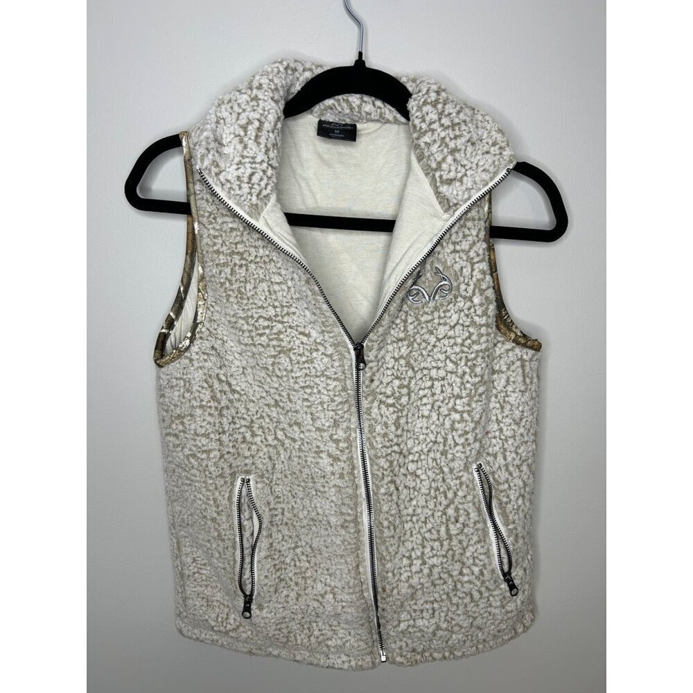 Reel Tree beige with camo lining Sherpa zip up vest Women's Size Medium